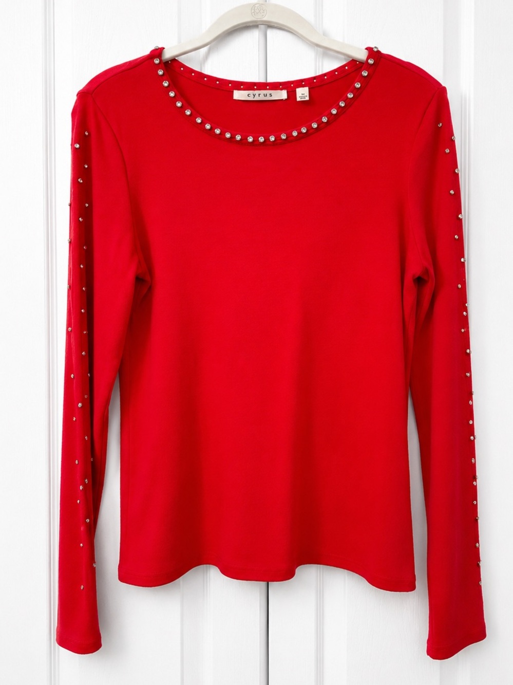 Cyrus Red Rhinestone Embellished Knit Sweater Top Size M Holiday Party NWOT